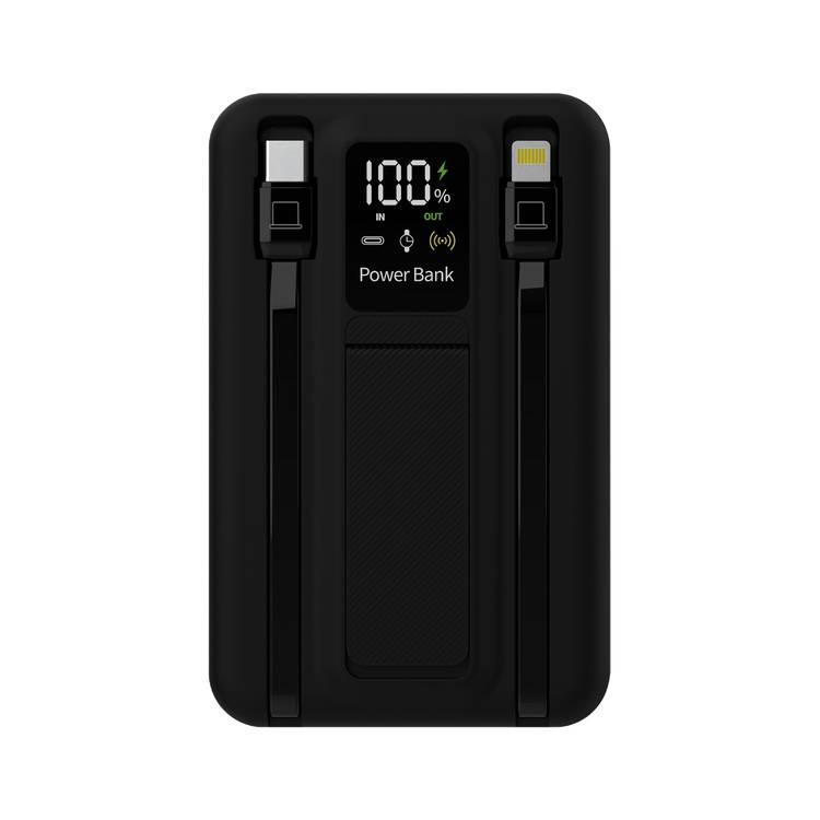 Porodo Magnetic Wireless Power Bank with Built-in USB-C + Lightning Cable Bracket, Simultaneous Charging, Digital Display, PD 22.5W - Black