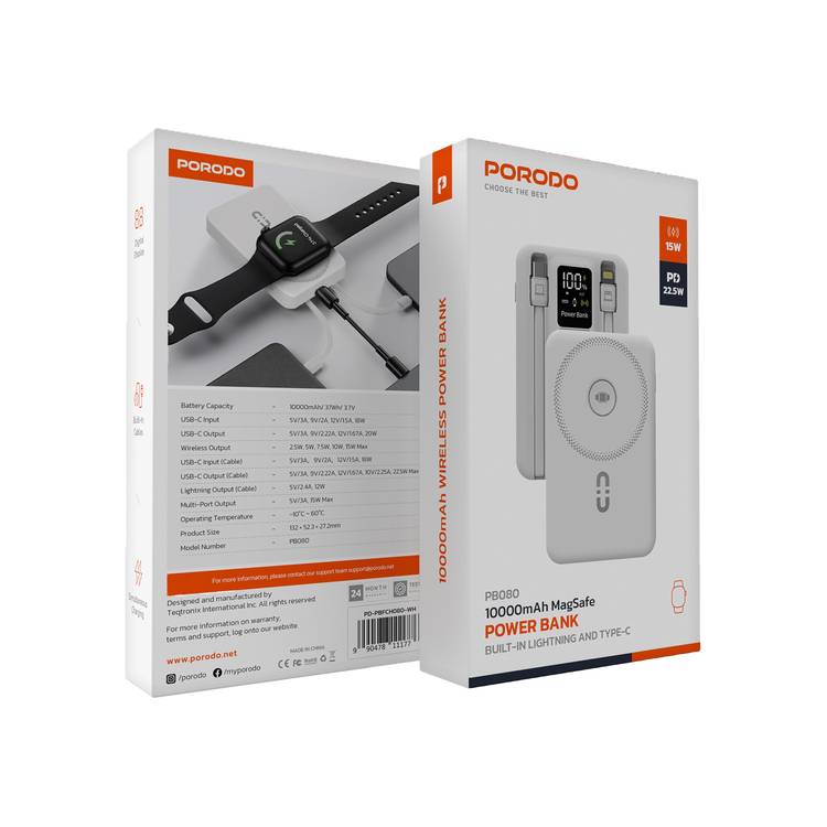 Porodo Magnetic Wireless Power Bank with Built-in USB-C + Lightning Cable Bracket, Simultaneous Charging, Digital Display, PD 22.5W - White 