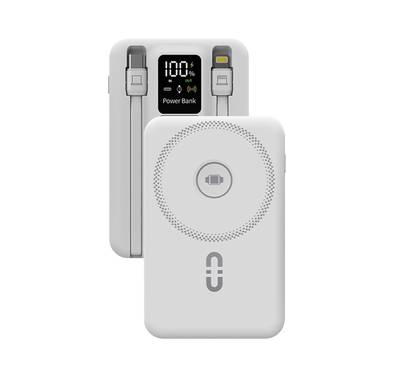Porodo Magnetic Wireless Power Bank with Built-in USB-C + Lightning Cable Bracket, Simultaneous Charging, Digital Display, PD 22.5W - White 
