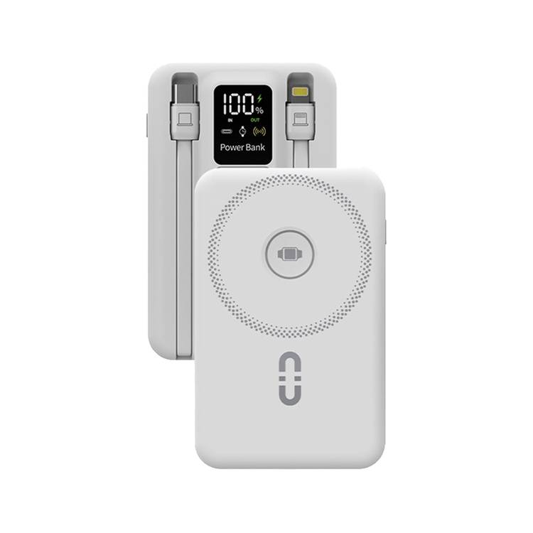Porodo Magnetic Wireless Power Bank with Built-in USB-C + Lightning Cable Bracket, Simultaneous Charging, Digital Display, PD 22.5W - White 