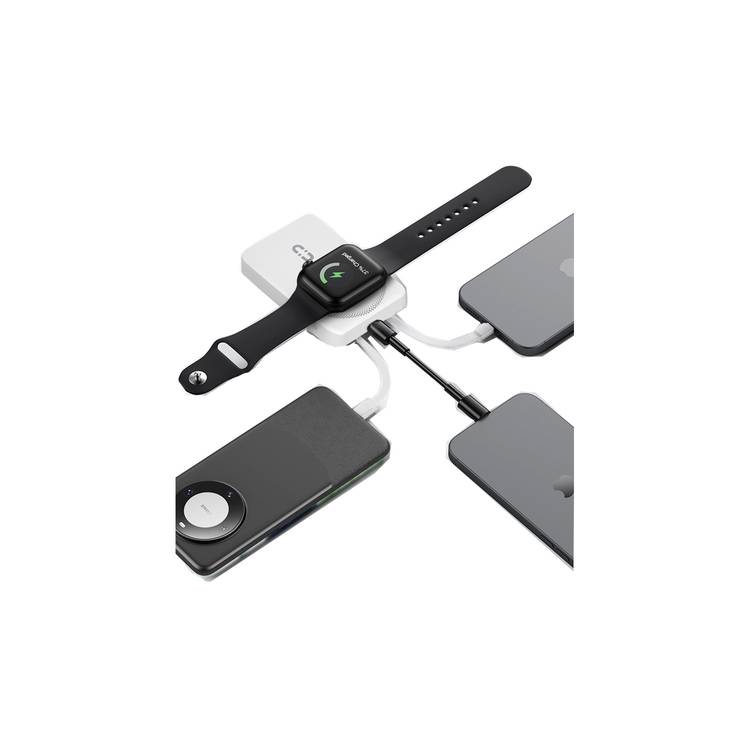 Porodo Magnetic Wireless Power Bank with Built-in USB-C + Lightning Cable Bracket, Simultaneous Charging, Digital Display, PD 22.5W - White 