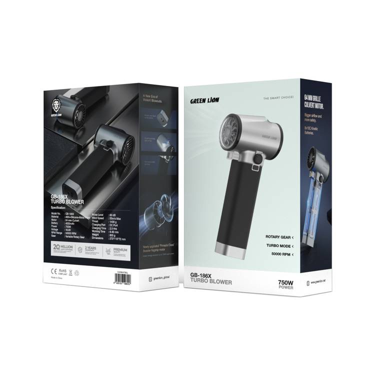 Green Lion GB-186X Turbo Blower with 4000mAh Battery Capacity, 2.5 Hours Charging Time, 6-80 Minutes Working Time, DC Charging Port, ABS, Silicone & Metal Paint Material - Silver