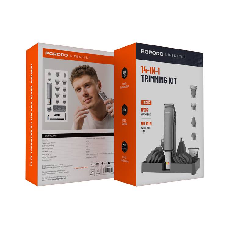 Porodo Lifestyle 14-in-1 Trimming Kit with IPX6 Waterproof Rating, Length Customization, Cord & Cordless Use,  600 mAh Battery Capacity - Silver 