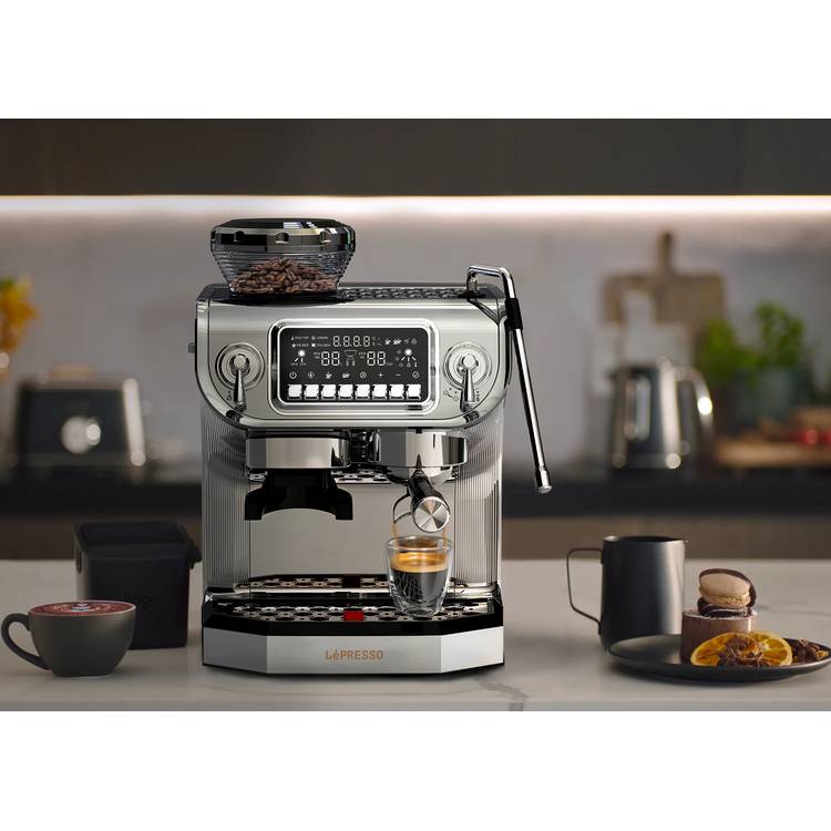 LePresso Dual Boiler Espresso Machine with Grinder & Steamer, 2672W Heating Power, 2L Water Tank Capacity, 150W Grinder Power, Digital Display, Hot Water Dispenser, 58mm Filter Size - Silver