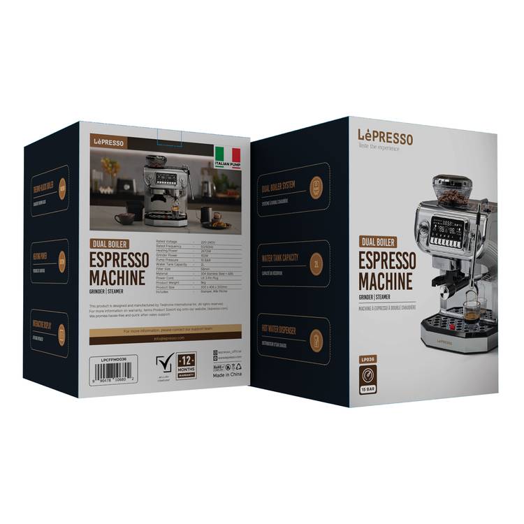 LePresso Dual Boiler Espresso Machine with Grinder & Steamer, 2672W Heating Power, 2L Water Tank Capacity, 150W Grinder Power, Digital Display, Hot Water Dispenser, 58mm Filter Size - Silver
