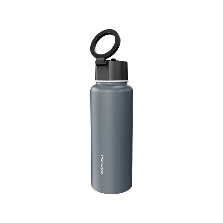 Porodo Lifestyle Magnetic Mount Water Bottle with 1L Capacity, Stainless Steel Material, Built-in Straw, Strong Magnetic Hold, Double Wall Insulation - Gray