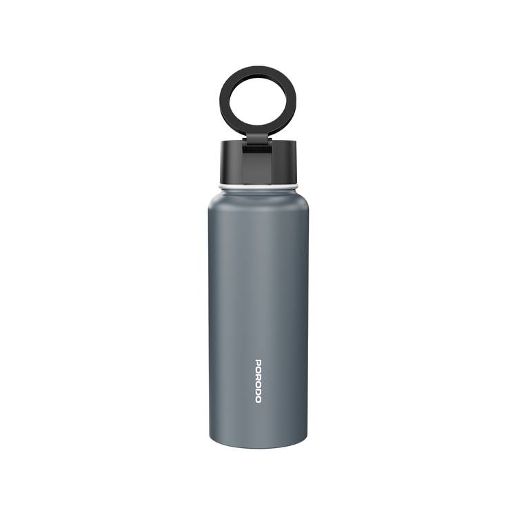 Porodo Lifestyle Magnetic Mount Water Bottle with 1L Capacity, Stainless Steel Material, Built-in Straw, Strong Magnetic Hold, Double Wall Insulation - Gray