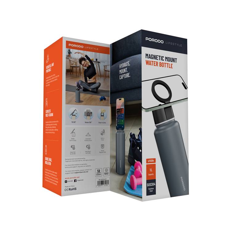 Porodo Lifestyle Magnetic Mount Water Bottle with 1L Capacity, Stainless Steel Material, Built-in Straw, Strong Magnetic Hold, Double Wall Insulation - Gray