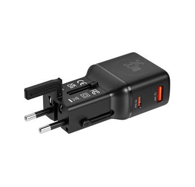 Porodo Universal Travel Pocket Charger with 800mA Battery Capacity, Supported UK, EU, US & AU Plugs, 35W Mini Universal Charger, USB-A & USB-C Ports, Built-in Safeguards, 200+ Countries - Black