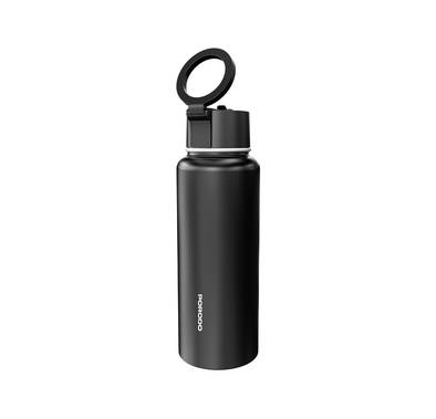 Porodo Lifestyle Magnetic Mount Water Bottle with 1L Capacity, Stainless Steel Material, Built-in Straw, Strong Magnetic Hold, Double Wall Insulation - Black