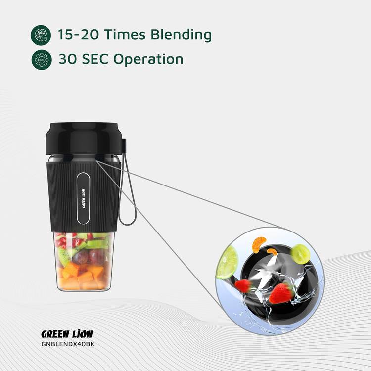 Green Lion G-Blend X Portable Juicer with 300mL Capacity, 1500mAh Battery Capacity, PC Jar Material, Stainless Steel Blade Material, Type-C Charging Port, 3-4 Hours Charging Time - Black