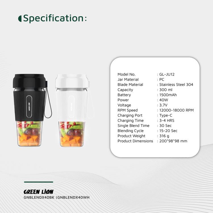 Green Lion G-Blend X Portable Juicer with 300mL Capacity, 1500mAh Battery Capacity, PC Jar Material, Stainless Steel Blade Material, Type-C Charging Port, 3-4 Hours Charging Time - Black