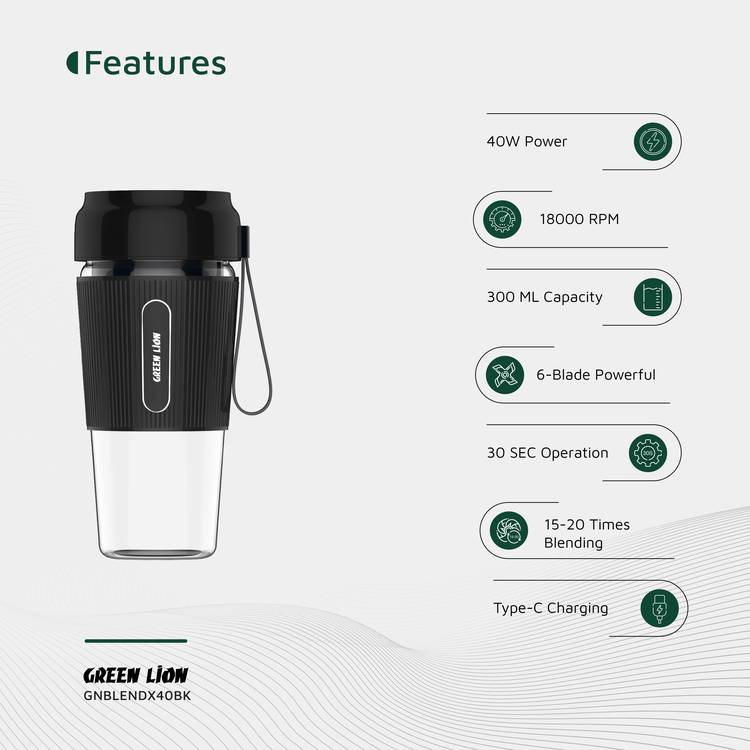 Green Lion G-Blend X Portable Juicer with 300mL Capacity, 1500mAh Battery Capacity, PC Jar Material, Stainless Steel Blade Material, Type-C Charging Port, 3-4 Hours Charging Time - Black