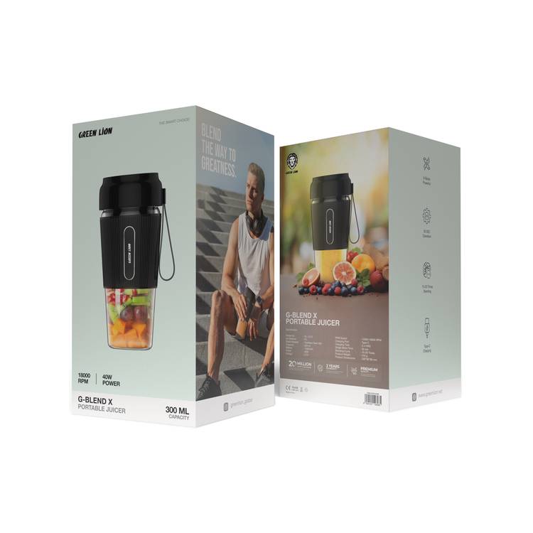 Green Lion G-Blend X Portable Juicer with 300mL Capacity, 1500mAh Battery Capacity, PC Jar Material, Stainless Steel Blade Material, Type-C Charging Port, 3-4 Hours Charging Time - Black