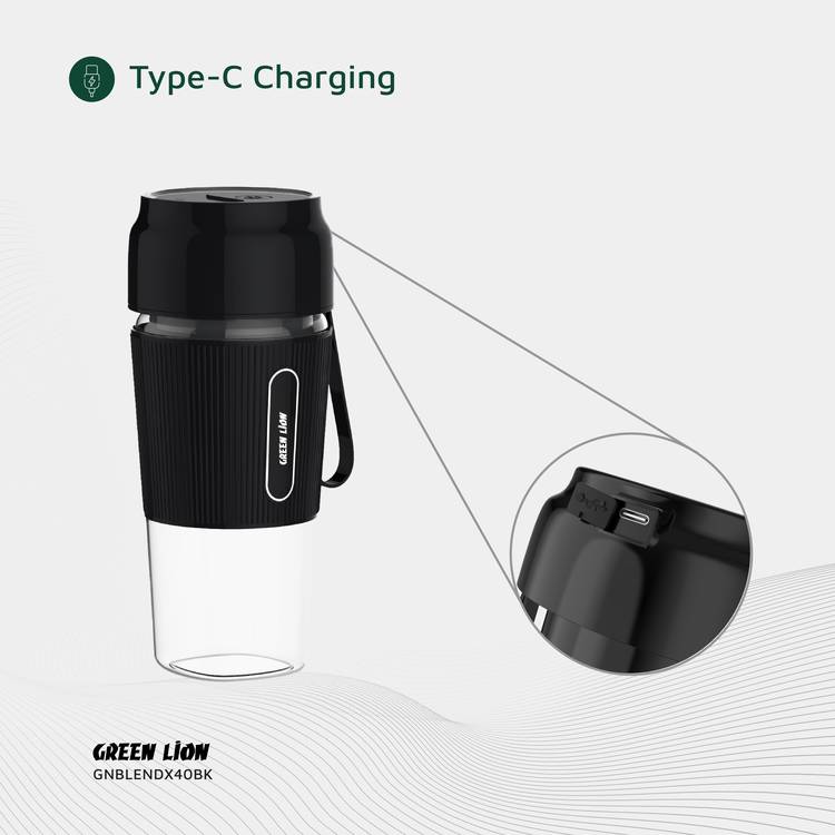 Green Lion G-Blend X Portable Juicer with 300mL Capacity, 1500mAh Battery Capacity, PC Jar Material, Stainless Steel Blade Material, Type-C Charging Port, 3-4 Hours Charging Time - Black