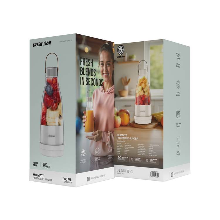 Green Lion Mix Mate Portable Juicer with 300mL Capacity, 1500mAh Battery Capacity, BPA Free PET Jar Material, Stainless Steel Blade Material, Type-C Charging Port, 3-4 Hours Charging Time - White