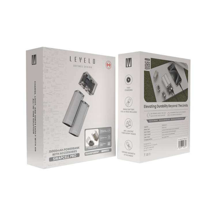 Levelo SwapCell Pro 15000mAh Powerbank with Accessories, 3 Battery Cells, Strong Magnetic Attachment, Arc Lighter & Torchlight Heads, Single Battery Cell & Head Included, Fast Charging - Transparent