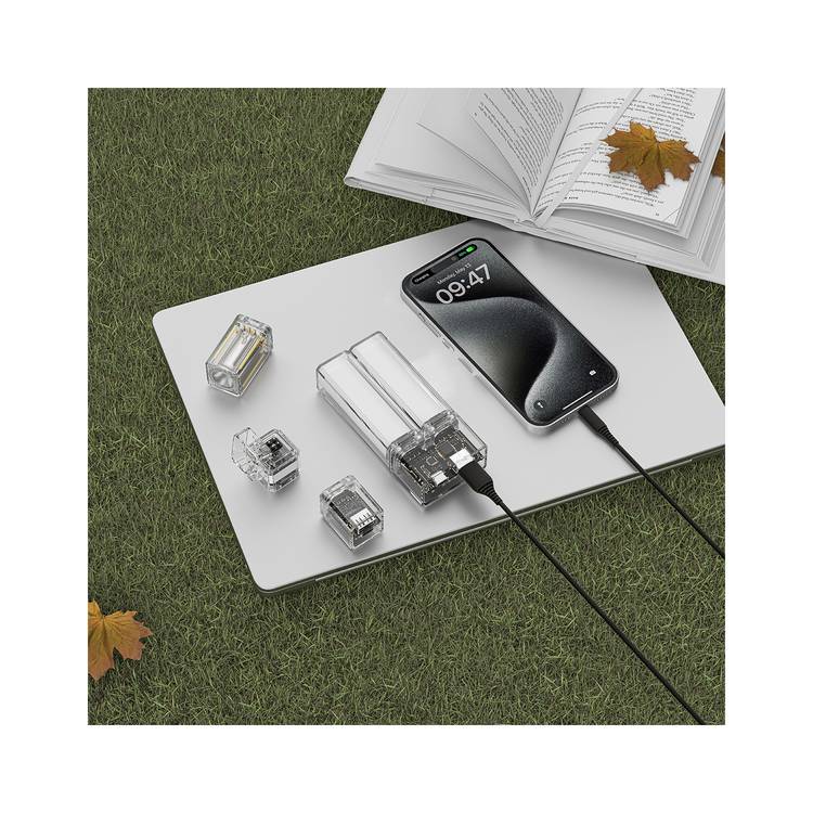 Levelo SwapCell Pro 15000mAh Powerbank with Accessories, 3 Battery Cells, Strong Magnetic Attachment, Arc Lighter & Torchlight Heads, Single Battery Cell & Head Included, Fast Charging - Transparent