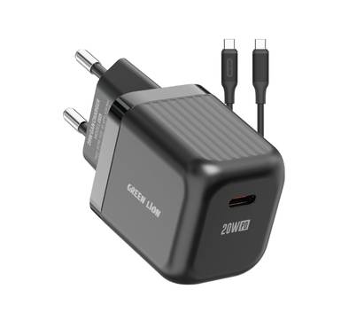 Green Lion Ultra Compact GaN Wall Charger with Single USB-C Port and USB-C to USB-C Cable, PC Flame Retardant Material, Fast Charging Support, Charging Protection, Universal Compatibility, Ultra Portable - Black