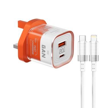Porodo Crystal Shell GaN Wall Charger with 1.2m Lightning Cable Included, Simultaneous Charging, 20W Power Delivery, Overheat Protection, 18W USB-A Output - Orange