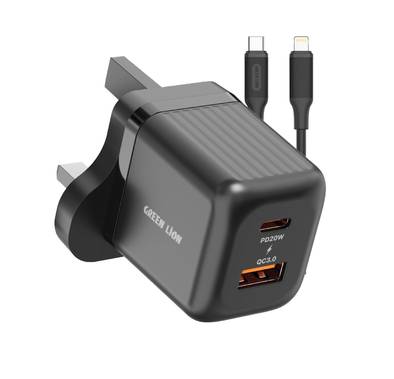Green Lion Ultra Compact GaN Wall Charger with Dual USB-C & USB-A Ports and USB-C to Lightning Cable, PC Flame Retardant Material, Fast Charging Support, Charging Protection, Universal Compatibility, Ultra Portable - Black
