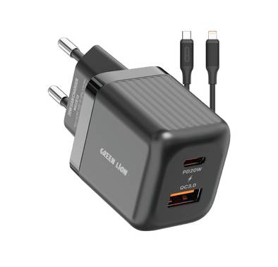 Green Lion Ultra Compact GaN Wall Charger with Dual USB-C & USB-A Ports and USB-C to Lightning Cable, PC Flame Retardant Material, Fast Charging Support, Charging Protection, Universal Compatibility, Ultra Portable - Black