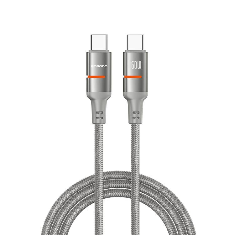 Porodo Type-C to Type-C Braided Cable with 60W Power Delivery, 3m Cable Length, Fast Charging & Data Transfer, Tangle-Free Design - Gray