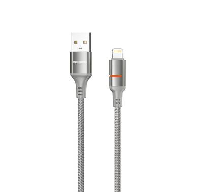 Porodo USB-A to Lightning LED Light Cable with 2.4A Current, 480Mbps Transfer Speed, 1.2m Cable Length, Fast Charging & Data Transfer, Braided Wire - Gray