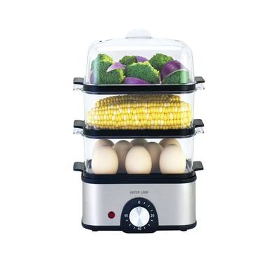 Green Lion 3-Tier Egg Cooker & Vegetable Steamer with 500mL Water Reservoir Capacity, 16 Eggs Tray Capacity, 0-60 Minutes Cooking Time, Stainless Steel Material, Polypropylene Tray Material, Steam Vent Lid, Rotary Knob, Light Indicator- Gray