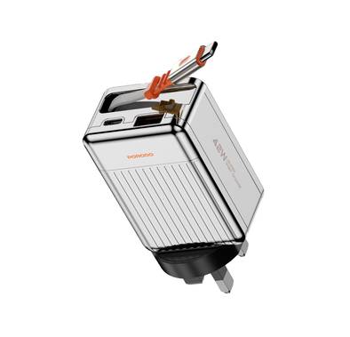Porodo Super Quick GaN Charger with 75cm Retractable Type-C Cable, 42W Power Delivery, Simultaneous Charging, 22.5W USB-A Output, Built-in Safeguards - Silver