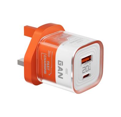 Porodo Crystal Shell GaN Wall Charger with  20W Power Delivery, Simultaneous Charging, Overheat Protection, 18W USB-A Output - Orange