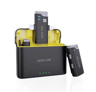 Green Lion 3-in-1 360° Microphone with Up to 21 Hours Working Time, USB-C & Lightning Connector Ports, Up to 20m Transmission Range, Noise Canceling, Automatic Pairing - Black