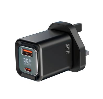 Porodo Dual-Port Quick Wall Charger with 35W Power Delivery, Built-in Safeguards, Digital Display, 0.8A Maximum Rated Current, GaN Technology - Black
