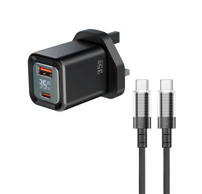 Porodo Dual-Port Quick Wall Charger with Type-C to Type-C Included, 35W Power Delivery, Built-in Safeguards, Digital Display, 0.8A Maximum Rated Current, GaN Technology - Black