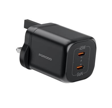 Porodo Dual USB-C Quick Wall Charger with 45W Power Delivery, 0.5A Maximum Rated Current, Built-in Safeguards, 3-Pin UK Plug, Simultaneous Charging, GaN Technology - Black