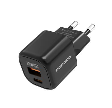 Porodo Dual-Port Wall Charger with 20W Power Delivery, EU Plug, QC 18W, Simultaneous Charging, Overheat Protection, USB-C & USB-A Outputs - Black