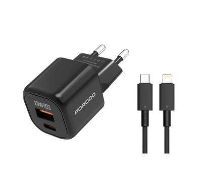Porodo Dual-Port Wall Charger with Type-C to Lightning Included, 20W Power Delivery, EU Plug, QC 18W, Simultaneous Charging, Overheat Protection, USB-C & USB-A Outputs - Black
