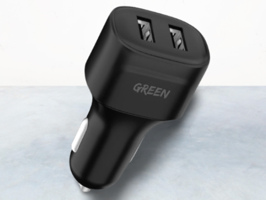 Green Dual Port Car Charger 12W with PVC Micro USB Ca...